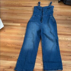 Denim Wide-Leg Jumpsuit with Braided Straps - Blue